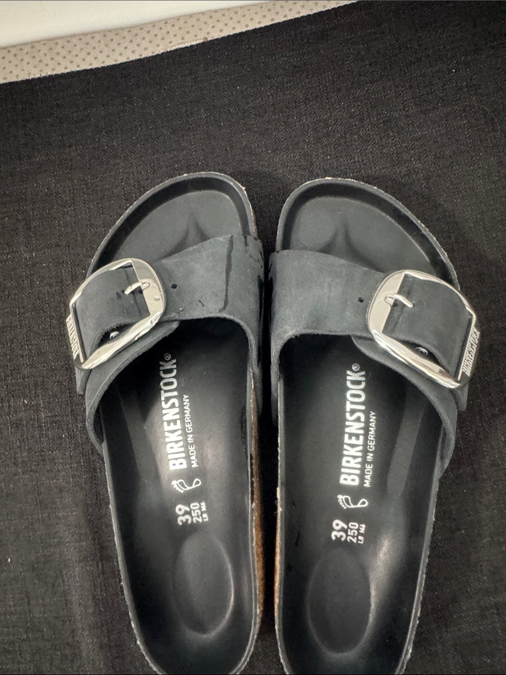 Birkenstock Black Suede  Big Buckle Slides